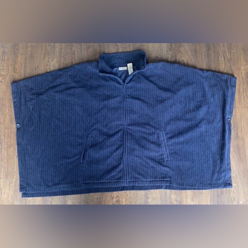 LL Bean Women Herringbone Fleece Full Zip Poncho Cape Jacket Size XL Blue 284051